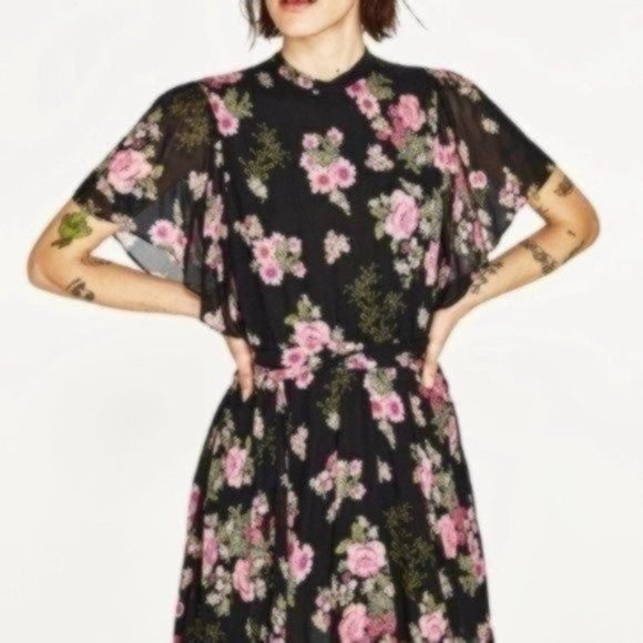 Zara Floral Ruffle Chiffon Mini Dress Small - Picture 5 of 10